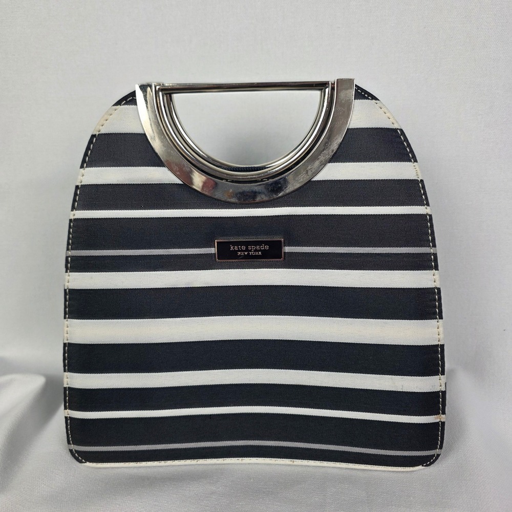 Kate Spade New York Striped Canvas Handbag Black White Silver Metal Handle